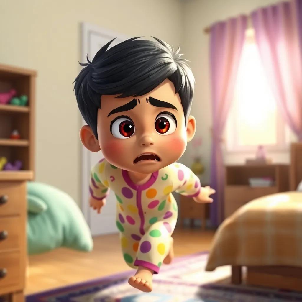 A little Arab boy, Ahmed, with short black hair, wearing colorful pajamas, rushing into a bedroom with a worried expression, bright morning light streaming through the window, cheerful atmosphere, digital art, engaging colors, high quality