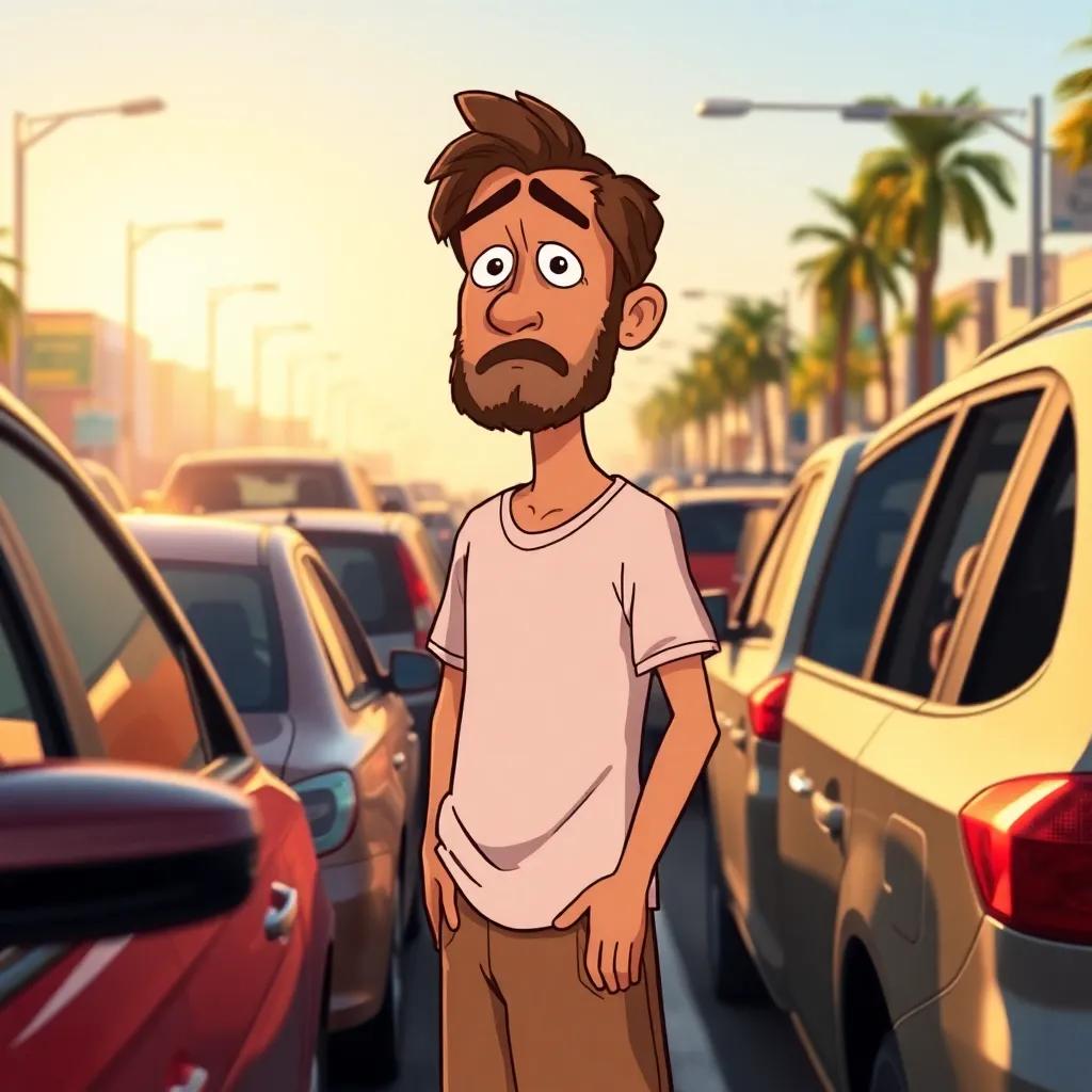 A tired Arab father, Abu Ahmed, with medium-length hair, wearing a t-shirt and shorts, standing near a car looking frustrated, surrounded by cars stuck in traffic, warm sunlight, busy street scene, illustration, vivid detail, friendly and slightly comedic
