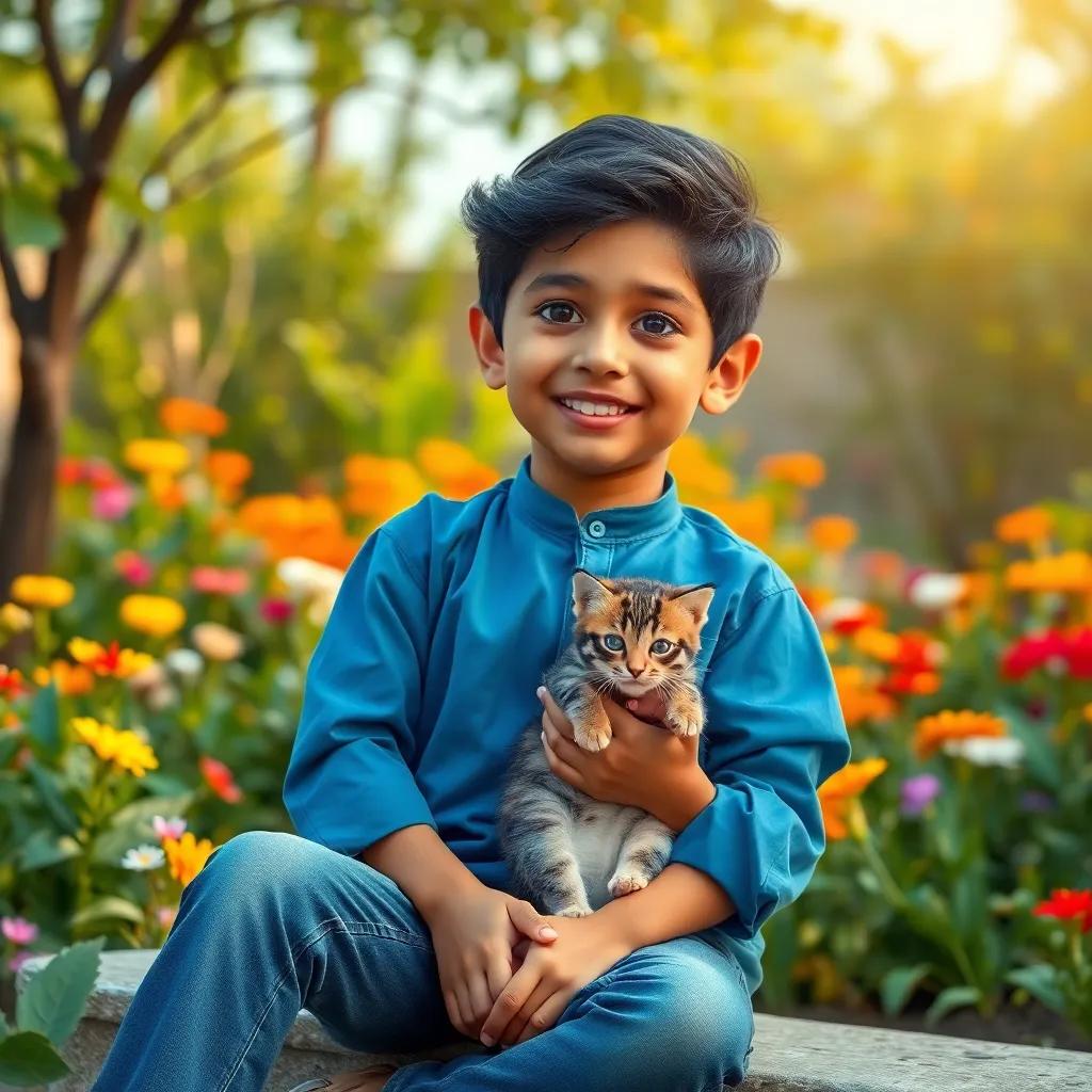 A young Arab boy, أحمد, with dark hair wearing a blue shirt and jeans, holding a small trembling cat in his arms, sitting in a colorful garden with flowers and trees, cheerful atmosphere, child-friendly, digital art, warm, inviting, high quality