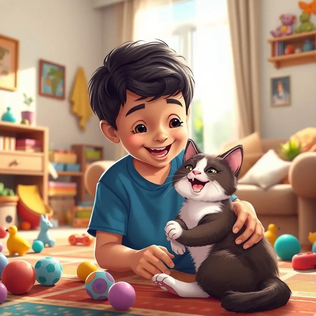 A playful scene of أحمد, a young Arab boy with dark hair in a blue shirt, playing with a happy cat in a cozy living room filled with toys, sunlight streaming through the window, vibrant colors, joyful ambiance, illustration, heartwarming, high quality