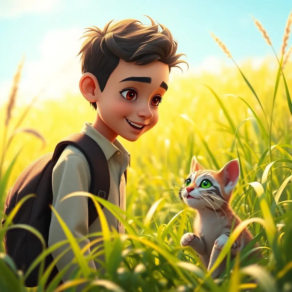 A young Arab boy, Ahmed, wearing a school uniform with a backpack, looking curiously at a trapped cat in tangled grass, a bright sunny morning, cheerful, immersive atmosphere, high quality