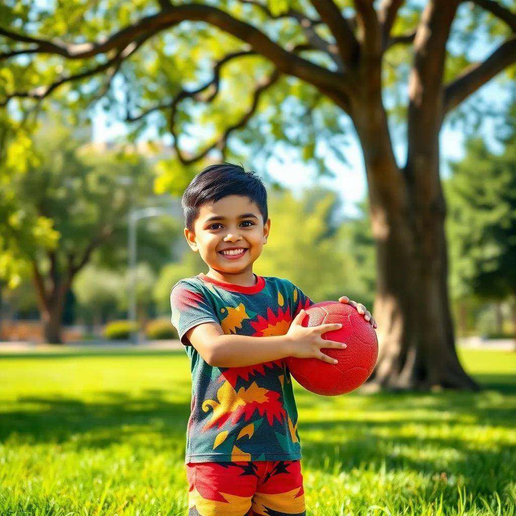 A young Arab boy, Ahmed, with short black hair, wearing a colorful t-shirt and shorts, holding a red ball and smiling, in a sunny park with green grass and a big tree, cheerful atmosphere, happy expressions, vibrant colors, digital art