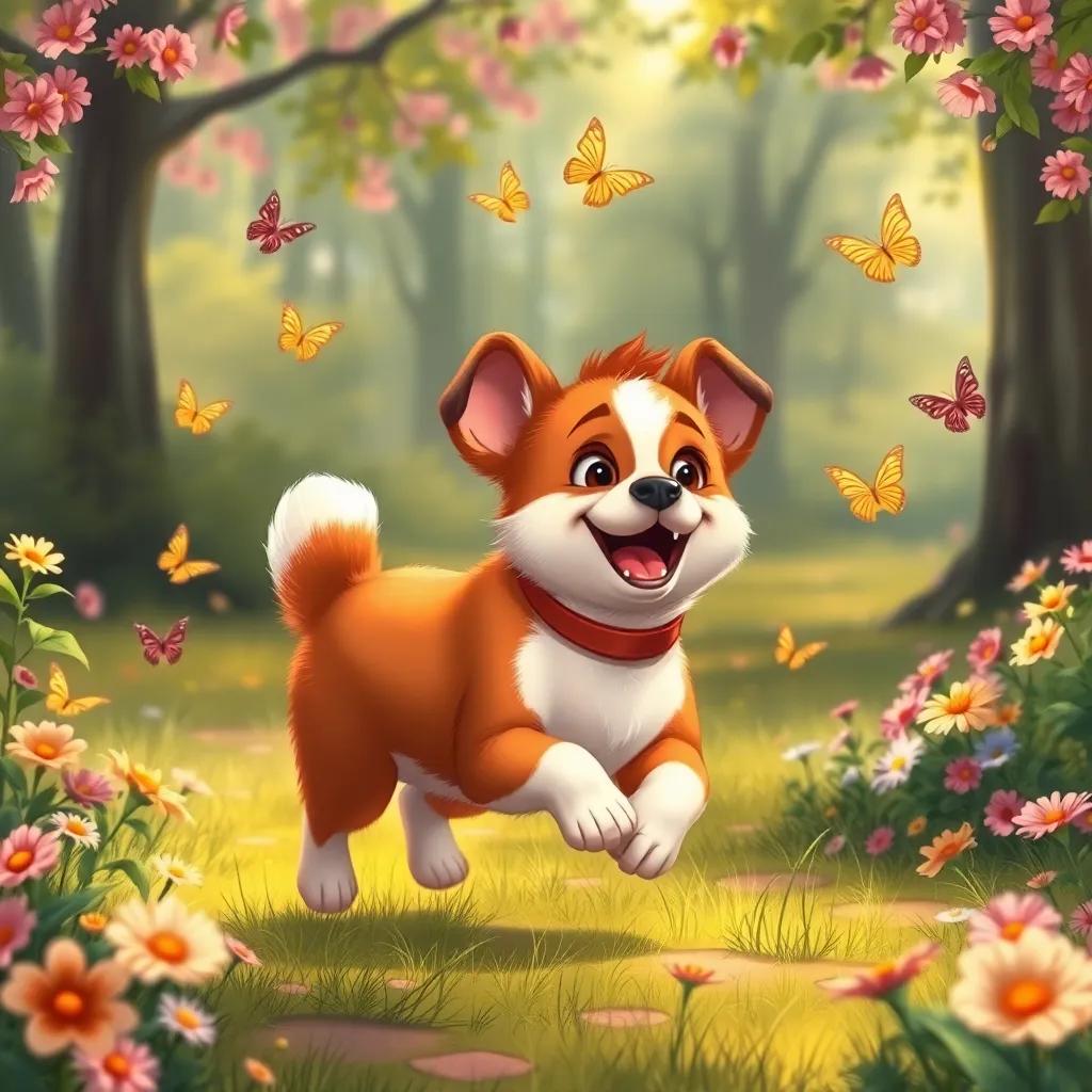 A loyal little dog, brown and white, playing with Ahmed, running excitedly around him in the park, surrounded by flowers and butterflies, joyful scene, child-friendly, warm light, illustration