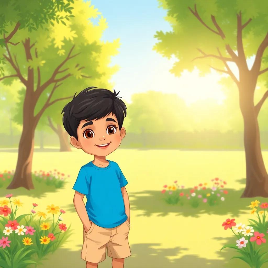 A young Arab boy, Ahmed, with short black hair wearing a bright blue t-shirt and beige shorts, standing happily in a sunny park surrounded by green trees and flowers, digital art, cheerful, warm colors, inviting atmosphere, high quality