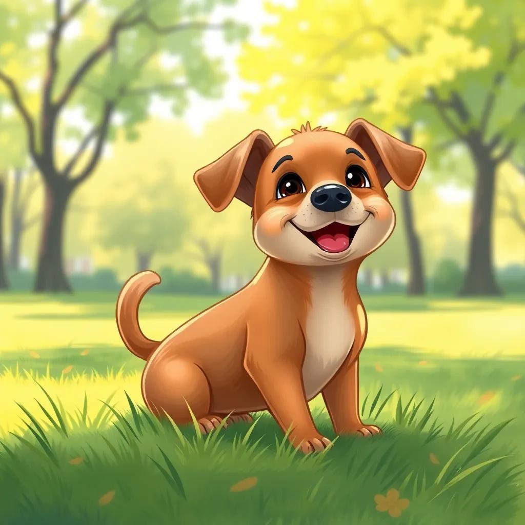 A small brown dog joyfully wagging its tail, sitting on soft grass in the park, looking up at Ahmed with bright eyes, digital painting, friendly vibe, vivid colors, engaging perspective, child-friendly