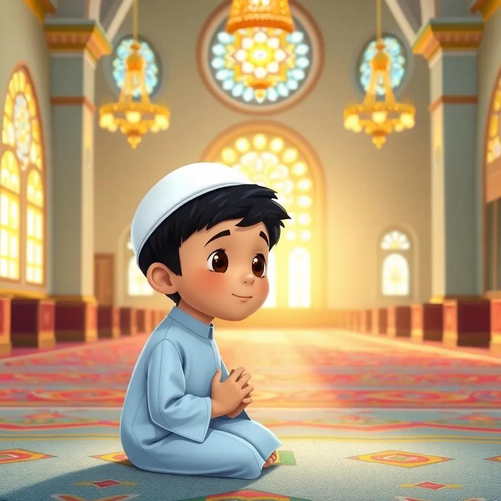 A young Arab boy, Ahmed, with short black hair, wearing a light blue thobe and white cap, kneeling in prayer inside a mosque with colorful carpets and beautiful chandeliers, peaceful ambiance, glowing light filtering through stained glass windows, child-friendly illustration, warm colors, inviting environment