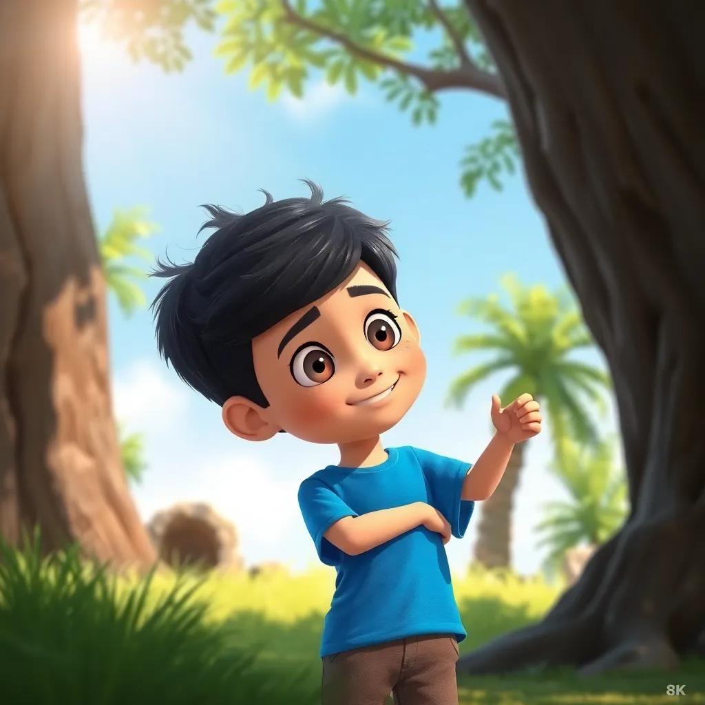 A young Arab boy, Ahmad, with short black hair, wearing a blue t-shirt and brown shorts, standing in front of a tall tree, asking it for wood, sunny day, digital art, vibrant colors, cheerful atmosphere, high quality