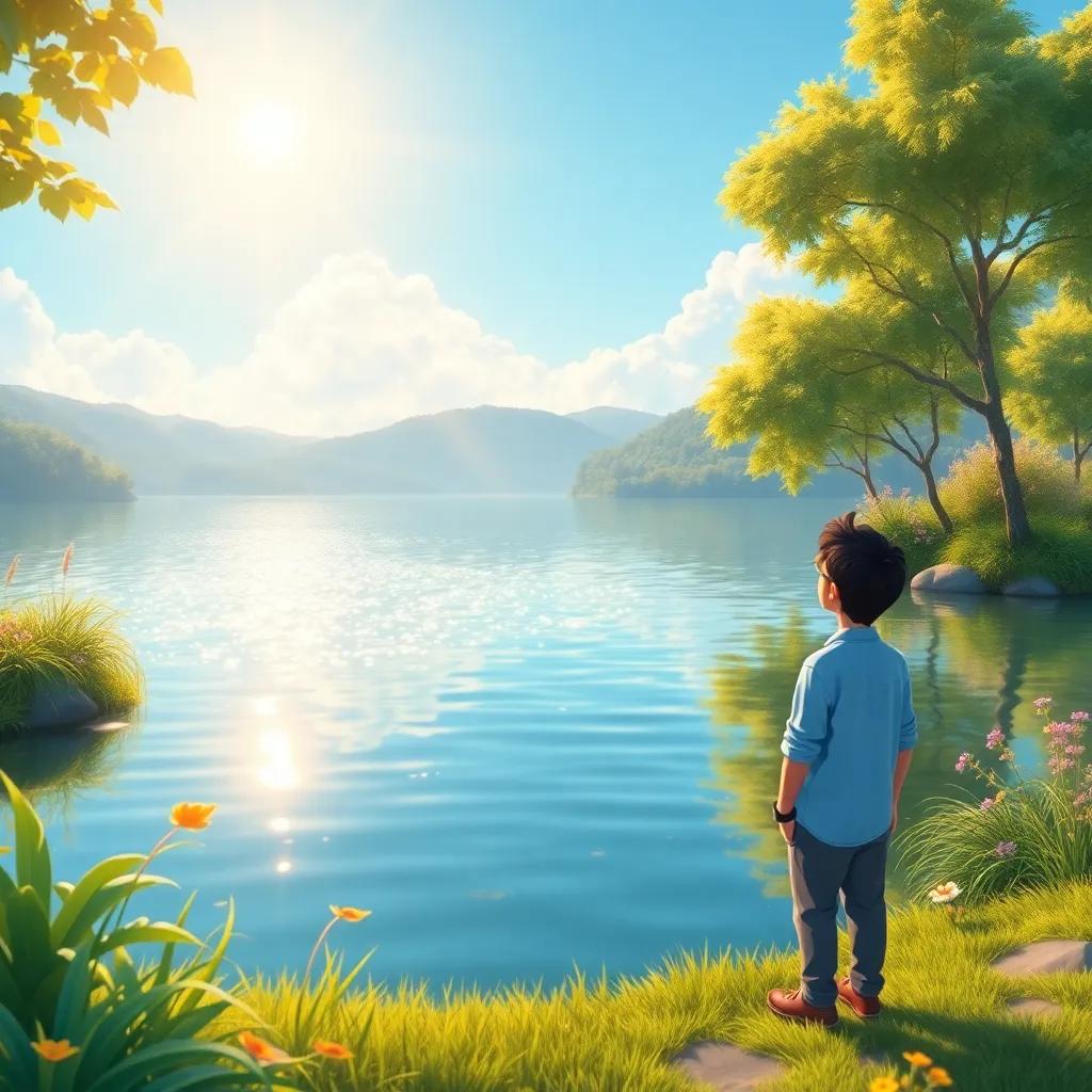 A serene lake with sparkling water, surrounded by lush greenery and a clear blue sky, with Ahmad beside the lake, looking at the water, detailed illustration, bright colors, peaceful and inviting mood, high quality