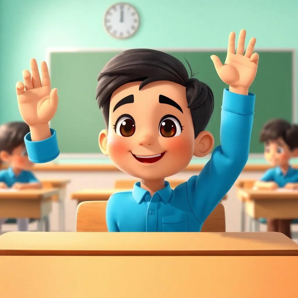 A classroom scene with a young Arab boy, Ahmad, with short dark hair wearing a blue shirt, sitting at a wooden desk, raising his hand eagerly to ask his teacher, digital art, bright colors, cheerful atmosphere, high quality