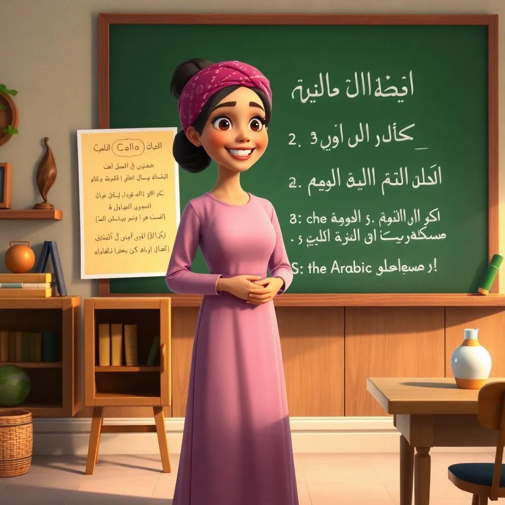 A friendly Arab teacher, dressed in a modest long dress, standing at a chalkboard, explaining the rules of the Arabic language with a warm smile, beautiful classroom decor, engaging scene, digital art, warm colors, inviting atmosphere, high quality