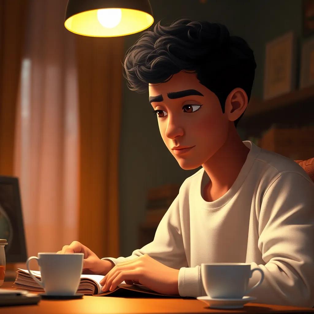 A young man, Ahmed, in his late teens with short curly hair and wearing a simple white shirt, studying diligently under a dim light, with a cup of tea beside him, warm atmosphere, digital art, cozy home, inviting light, detailed