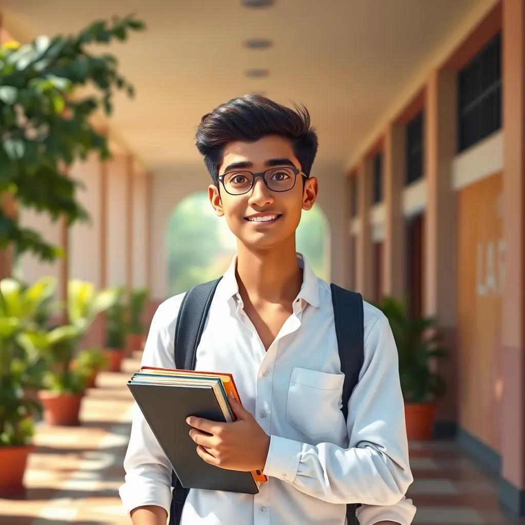 Ahmed, a young man in his late teens wearing a white shirt, walking confidently to an exam hall, holding his books tightly, bright morning light shining, colorful surroundings, hopeful expression, digital art, uplifting mood