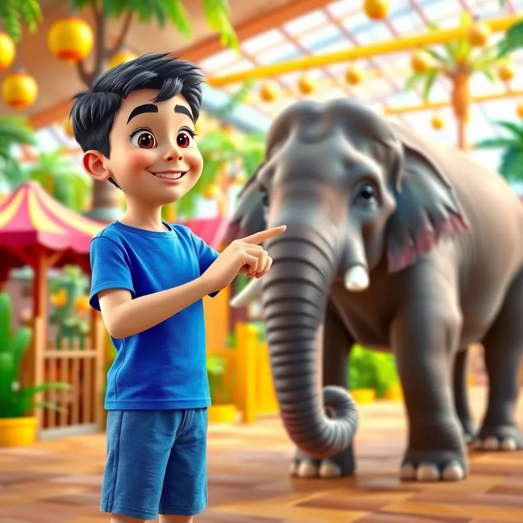 A young Arab boy, Ahmad, with short black hair wearing a blue T-shirt and shorts, excitedly pointing at an elephant in a colorful zoo, digital art, vibrant colors, cheerful atmosphere, high quality