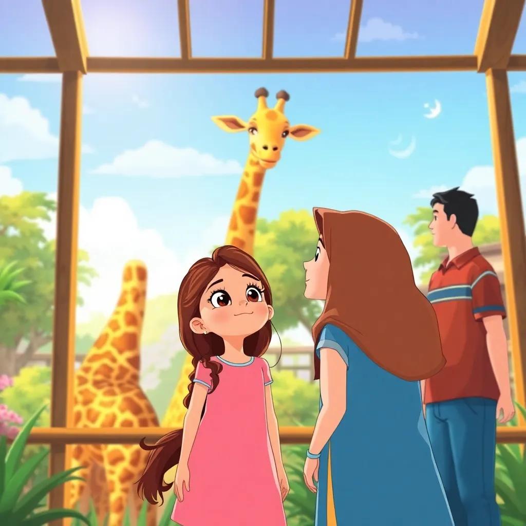 A young Arab girl, Rim, with long brown hair wearing a pink dress, looking at a tall giraffe with wonder beside her parents in a lively zoo, illustration, joyful, family-friendly, high quality