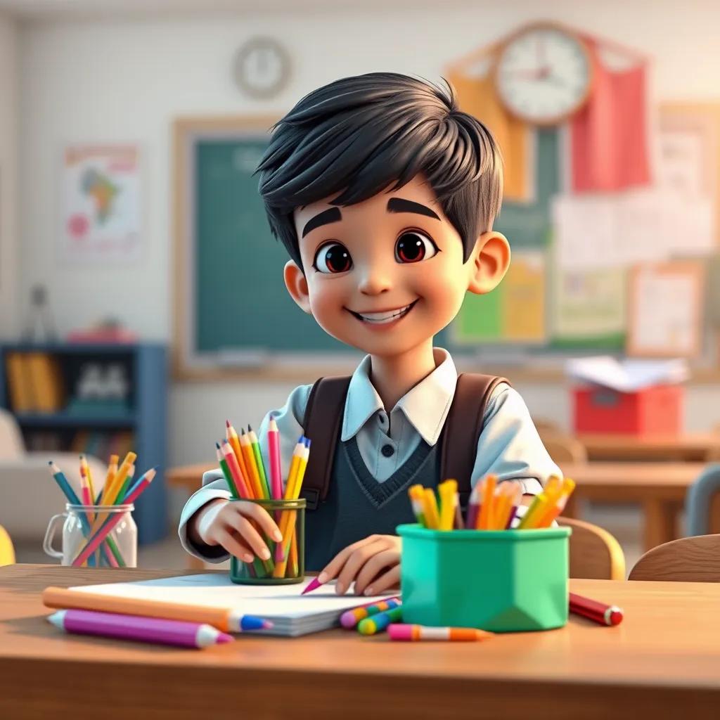 A young Arab boy, Ahmad, with short black hair, wearing a school uniform, happily placing colorful school supplies on a wooden table, bright classroom background, digital art, cheerful scene, vibrant colors, warm light, high quality