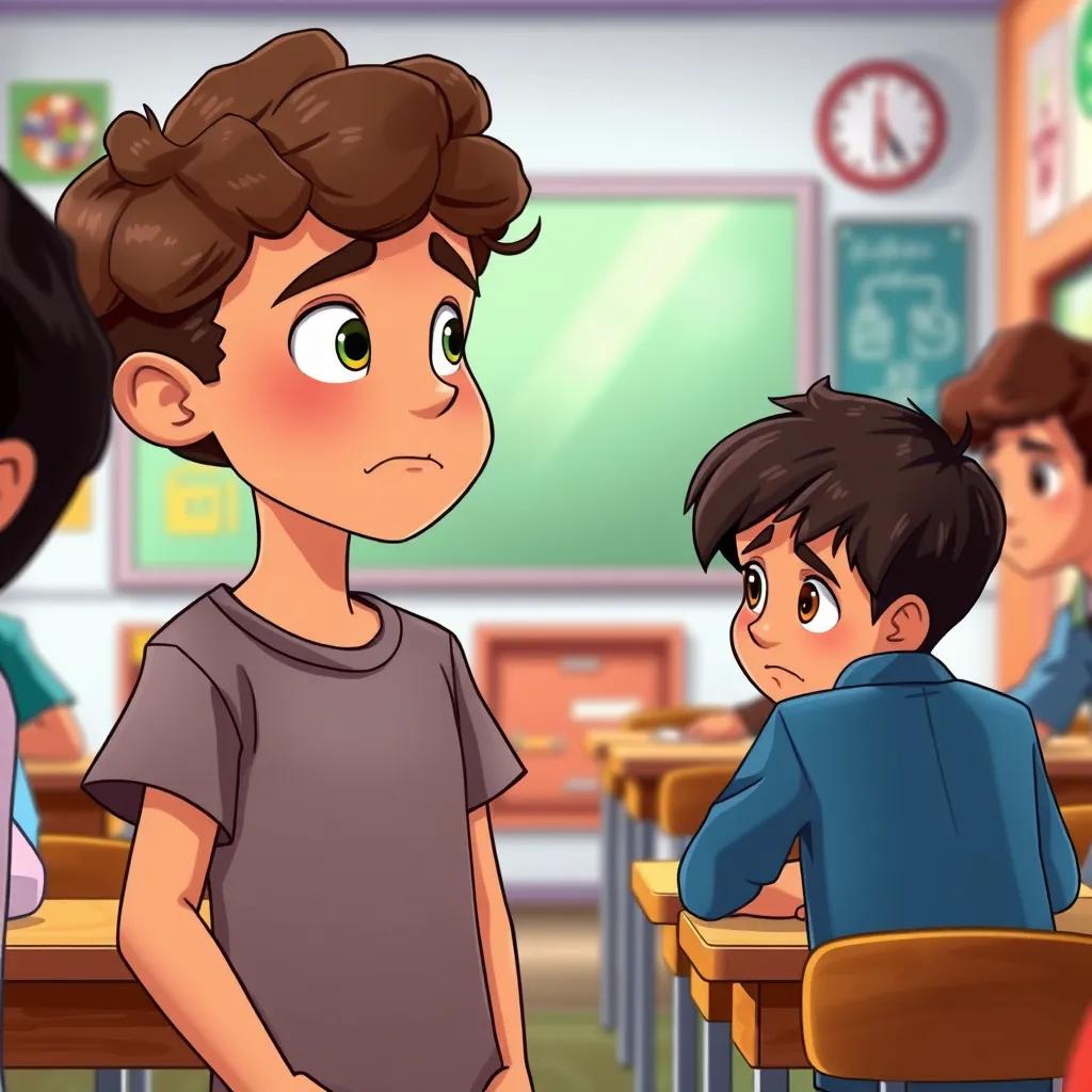 A young Arab boy, Zakaria, with curly brown hair, wearing a casual t-shirt, looking at his friend Ahmad with a sad expression, colorful classroom, detailed illustration, warm colors, inviting atmosphere, high quality