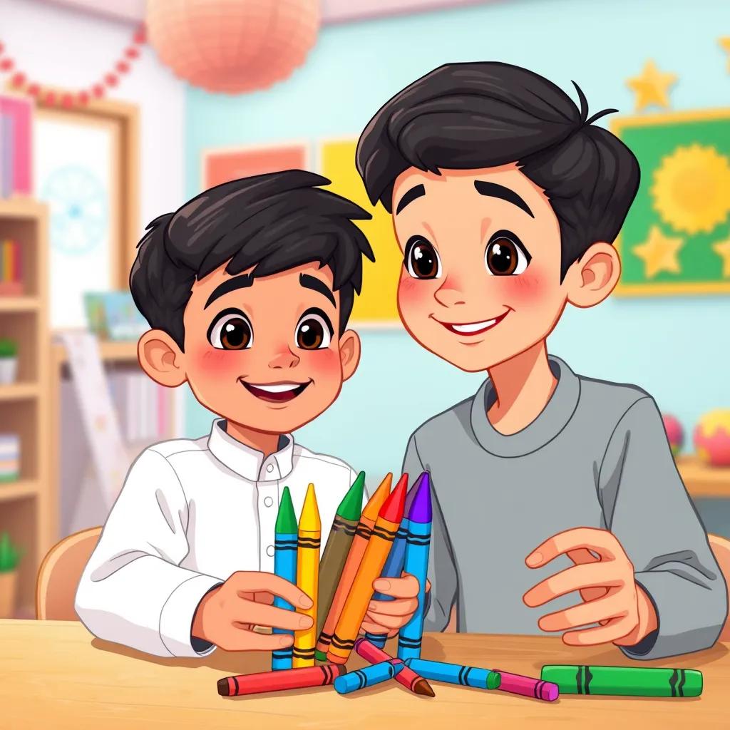 A young Arab boy, Ahmad, with short black hair, sharing his colorful crayons with Zakaria, both smiling, school setting with bright decorations, cheerful atmosphere, illustration, colorful, high quality