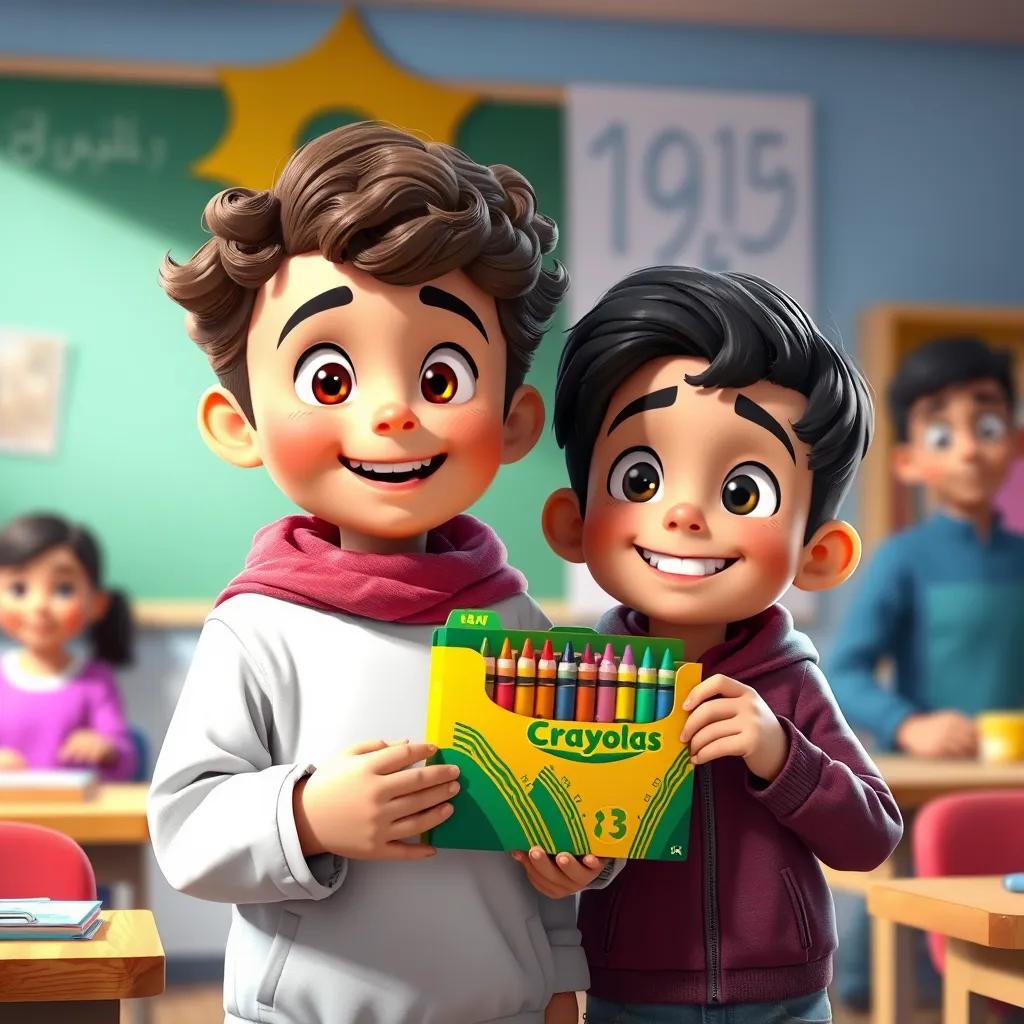 A young Arab boy, Zakaria, with curly brown hair, holding a new pack of crayons, excitement on his face, standing next to Ahmad in the classroom, lively colors, joyful atmosphere, digital art, high quality