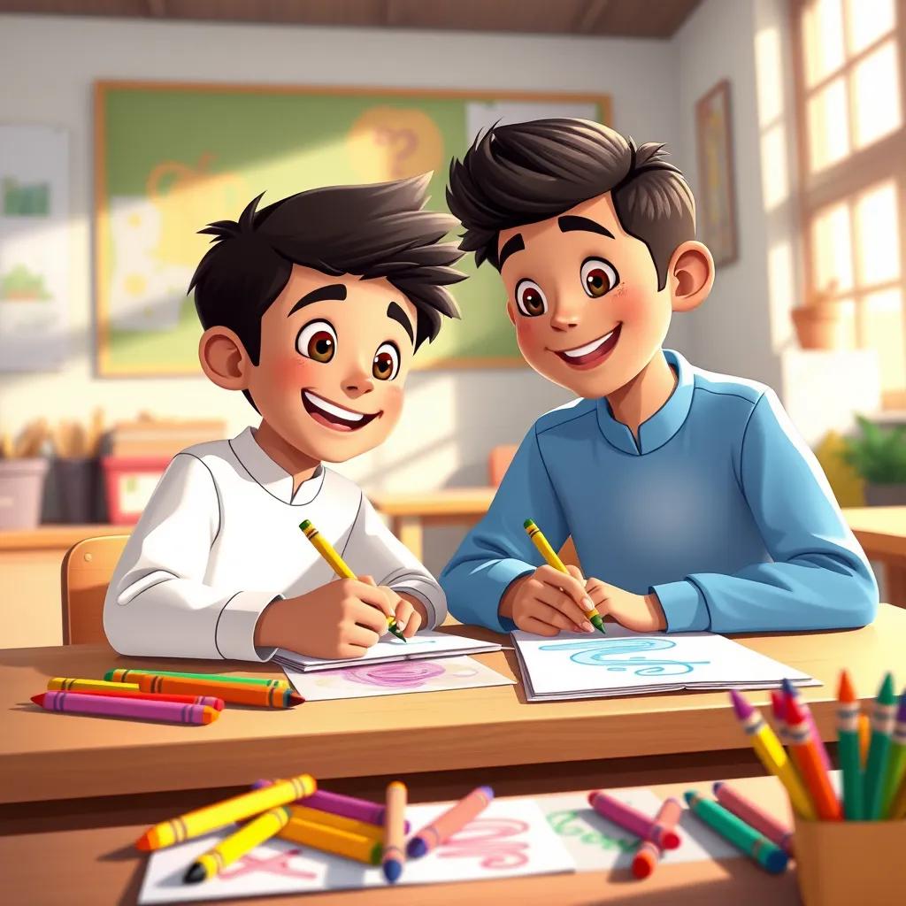 A warm classroom scene with Ahmad and Zakaria drawing together happily, using the colorful crayons, vibrant drawings on paper, sunlight coming through the window, playful and joyful, illustration, bright colors, high quality