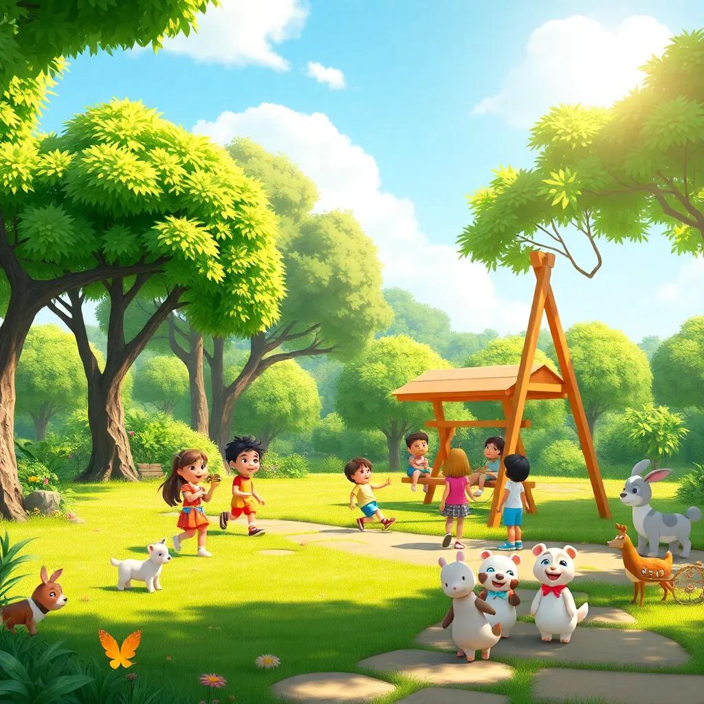 A sunny park with lush greenery, children playing, a swing set, and friendly animals around, digital art, vibrant colors, cheerful atmosphere, high quality