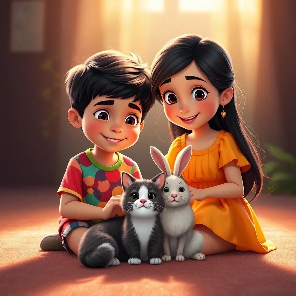 Two children, Ahmed and Sara, a young Arab boy with short dark hair wearing a colorful t-shirt and a young Arab girl with long dark hair wearing a bright dress, playing with a cute cat and a fluffy rabbit, warm light, heartwarming scene, colorful and playful