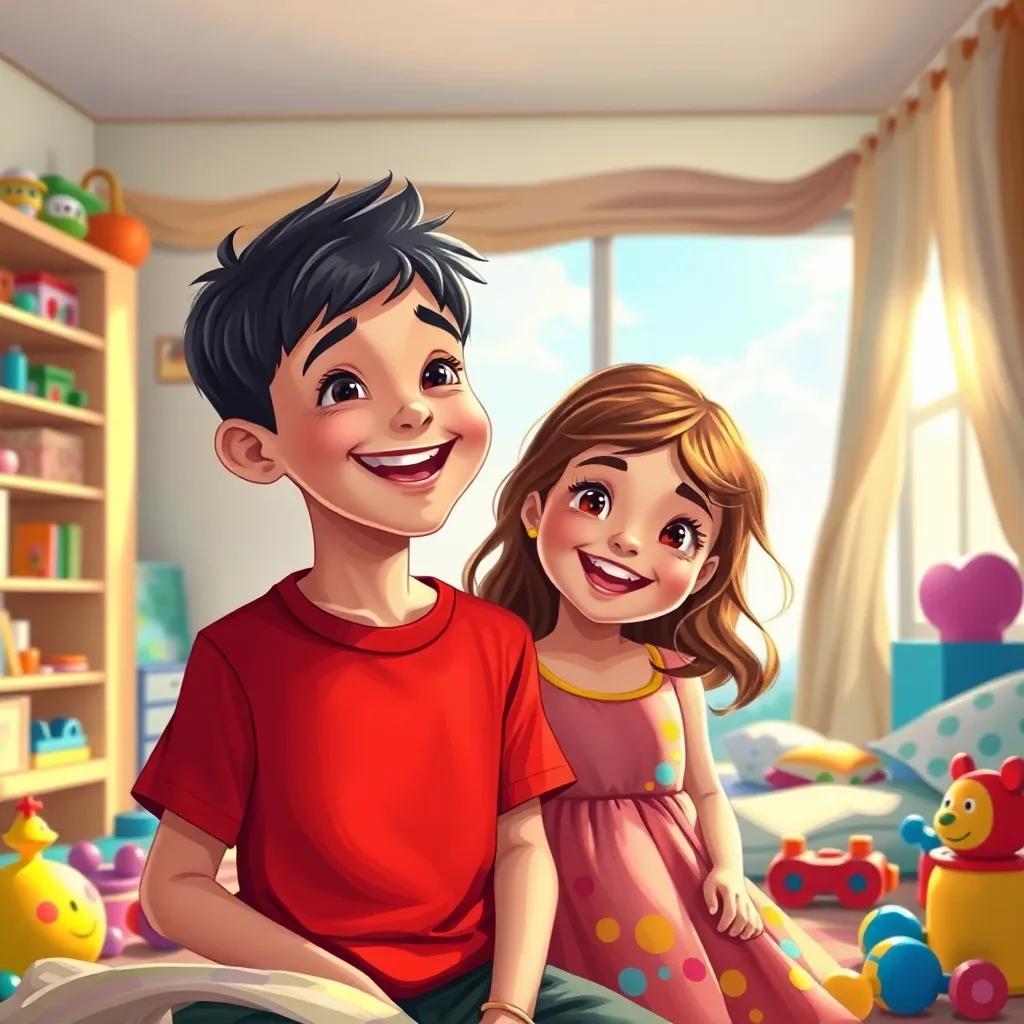 On a sunny and beautiful morning, a young Arab boy, Ahmed, with short black hair and wearing a red t-shirt, is excitedly waking with a young Arab girl, Sara, with long brown hair in a colorful dress, both smiling in their bedroom filled with toys, digital art, joyful atmosphere, warm colors, high quality