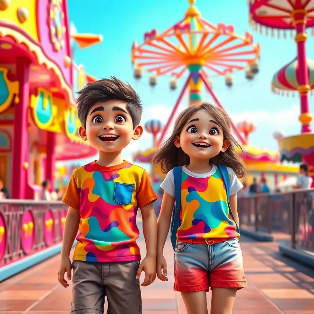 A bright sunny day in an amusement park, Ahmed and Sara, two excited children, wearing colorful shirts and shorts, smiling with anticipation, surrounded by colorful rides and bright decorations, digital art, vibrant colors, cheerful atmosphere, high quality