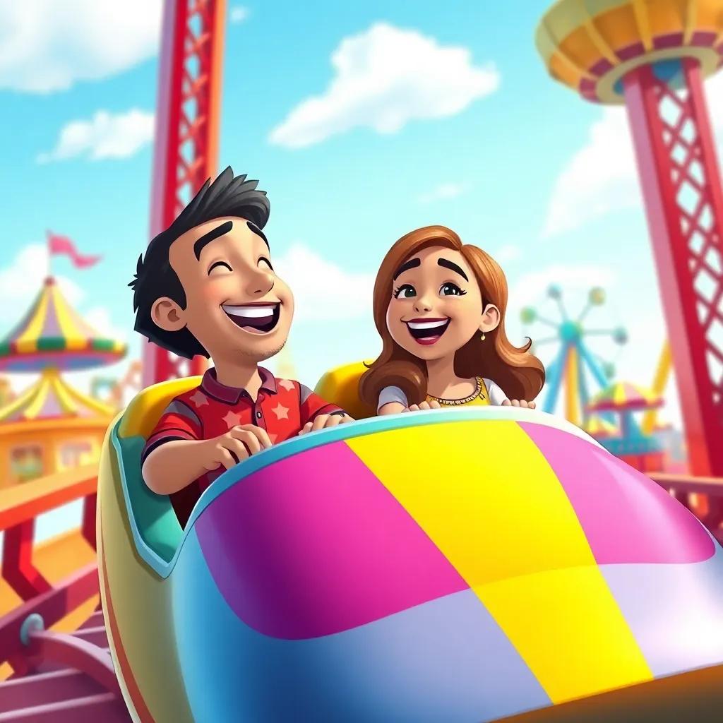 Ahmed and Sara in a colorful car, laughing together on a roller coaster, with a bright blue sky and colorful amusement park rides in the background, illustration, joyful, energetic, child-friendly, high quality