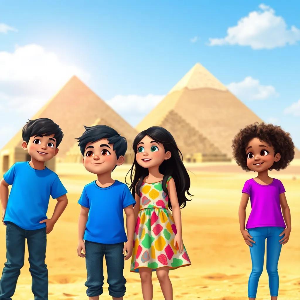 A sunny day at the Pyramids of Giza, showing three children: Ahmed, a young Arab boy with short dark hair wearing a blue T-shirt and jeans, Sarah, a young Arab girl with long dark hair in a colorful dress, and Dunya Samir, a young girl with curly hair wearing a bright purple top, looking amazed at the giant pyramids, digital art, warm sunlight, vibrant colors, cheerful atmosphere, high quality