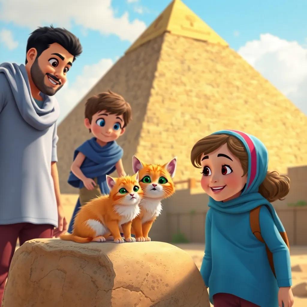 Ahmed, Sarah, and Dunya Samir at the foot of the Great Pyramid, noticing a small cat sitting on a stone, the cat is fluffy with orange fur and bright green eyes, children looking curious and happy, engaging in playful exploration, detailed illustration, sunny and inviting, dynamic perspective, heartwarming scene