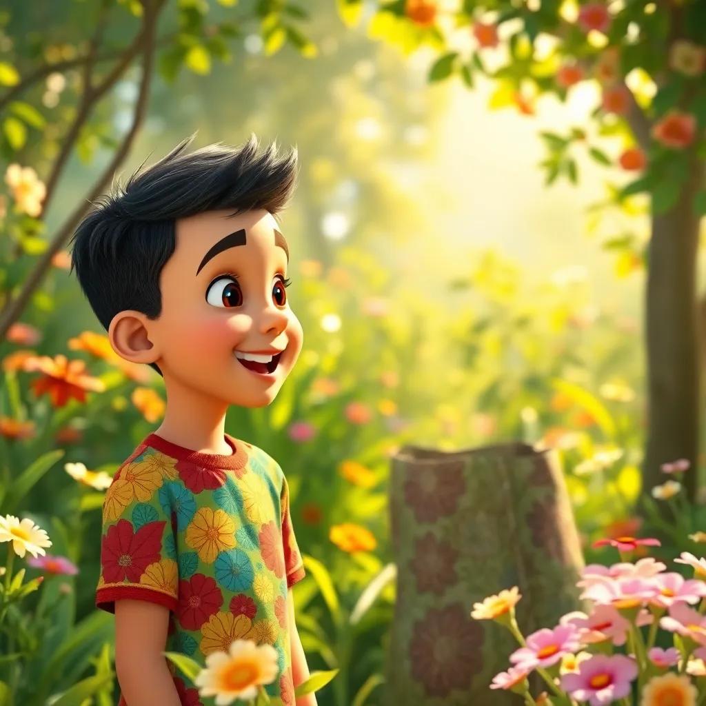 A young Arab boy, Ahmad, with short black hair wearing a colorful shirt, talking excitedly to his sister in a lush green garden filled with flowers, bright sunlight, cheerful atmosphere, digital art, vibrant colors, inviting scene, high quality