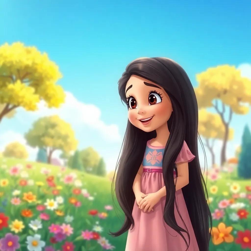 A young Arab girl, Sada, with long dark hair wearing a beautiful dress, listening to her brother Ahmad with wide eyes and a smile, surrounded by colorful flowers and trees under a clear blue sky, cheerful mood, illustration, bright, lively, high quality