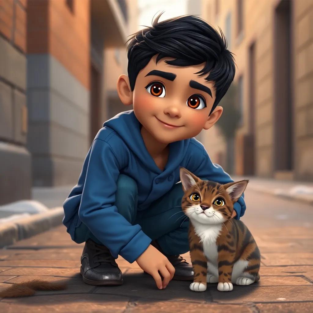 A young Arab boy, Ahmad, with short black hair, wearing a blue shirt and jeans, kneeling beside a shivering cat in a cold street, gentle expression, warm light, friendly atmosphere, happy vibe, detailed digital art