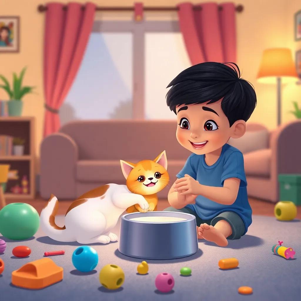 Ahmad, a young Arab boy with short black hair, wearing a blue shirt, playing with a happy cat in a cozy living room, milk bowl in front of them, colorful toys scattered around, warm and inviting light, cheerful and lively, illustration