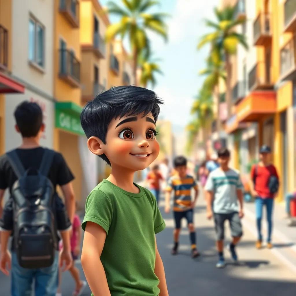 A young Arab boy, Khaled, with short black hair and wearing a green t-shirt and shorts, looking at a group of teenagers playing in the street, with a smile on his face and a playful mood, a warm sunny day, colorful street view, cheerful, digital art, high quality