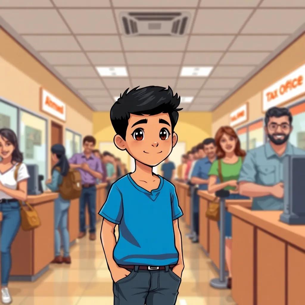 A young Arab boy, Ahmad, with short black hair, wearing a blue t-shirt and jeans, standing at a long line in a tax office with friendly workers smiling, warm and welcoming environment, digital painting, clear details, engaging perspective, bright colors