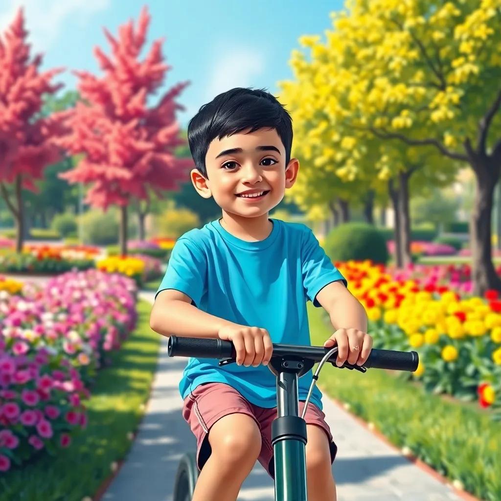 A young Arab boy, Ahmad, with short black hair, wearing a bright blue t-shirt and shorts, smiling as he rides a scooter in a vibrant park with colorful flowers and trees, digital art, cheerful, sunny atmosphere, high quality