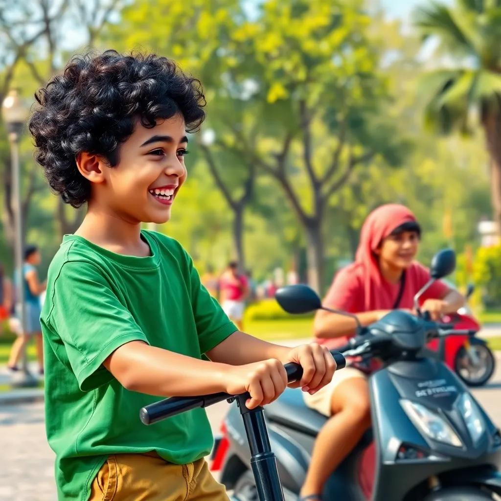 A young Arab boy, Ali, with curly black hair, wearing a green t-shirt and shorts, laughing while watching his friend Ahmad on a scooter in a lively park, bright colors, happy, engaging scene, high quality