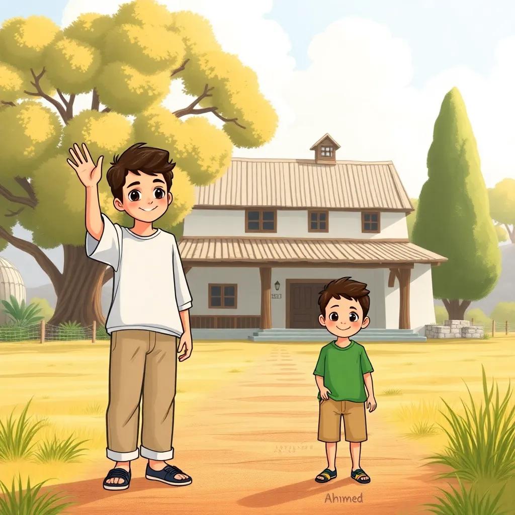 A Moroccan boy named Ahmed, 18 years old, wearing casual clothes, waving goodbye to his grandfather and little brother Ali, 8 years old, with short hair and a playful expression, standing in front of a large house with a farm, and big trees in the background, bright and sunny, cheerful atmosphere, warm colors, high quality