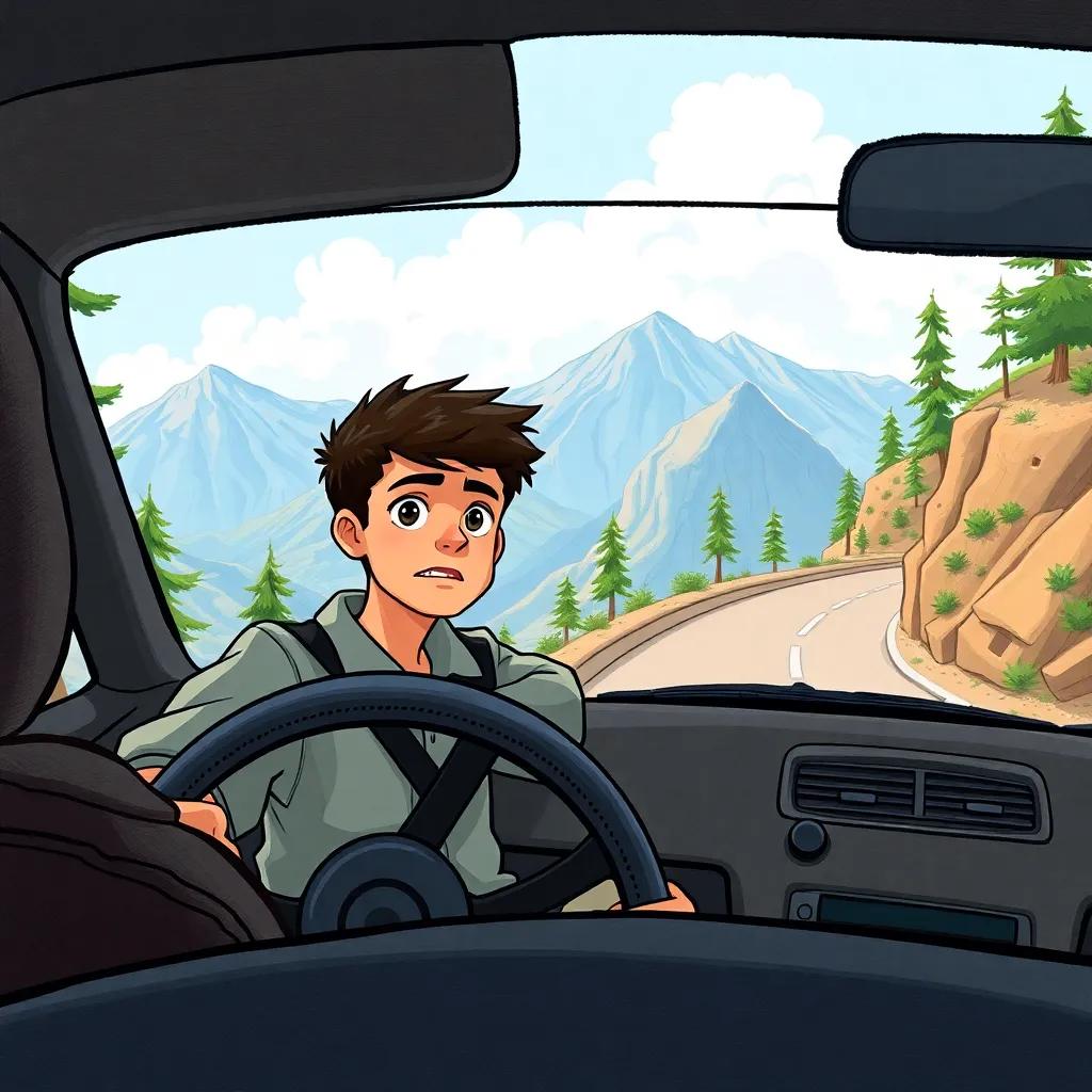 Ahmed, an 18-year-old Moroccan boy in casual attire, driving a car on a winding mountain road, surrounded by tall trees and a beautiful mountain view, concerned expression, tense atmosphere, realism, dynamic perspective, high quality, engaging