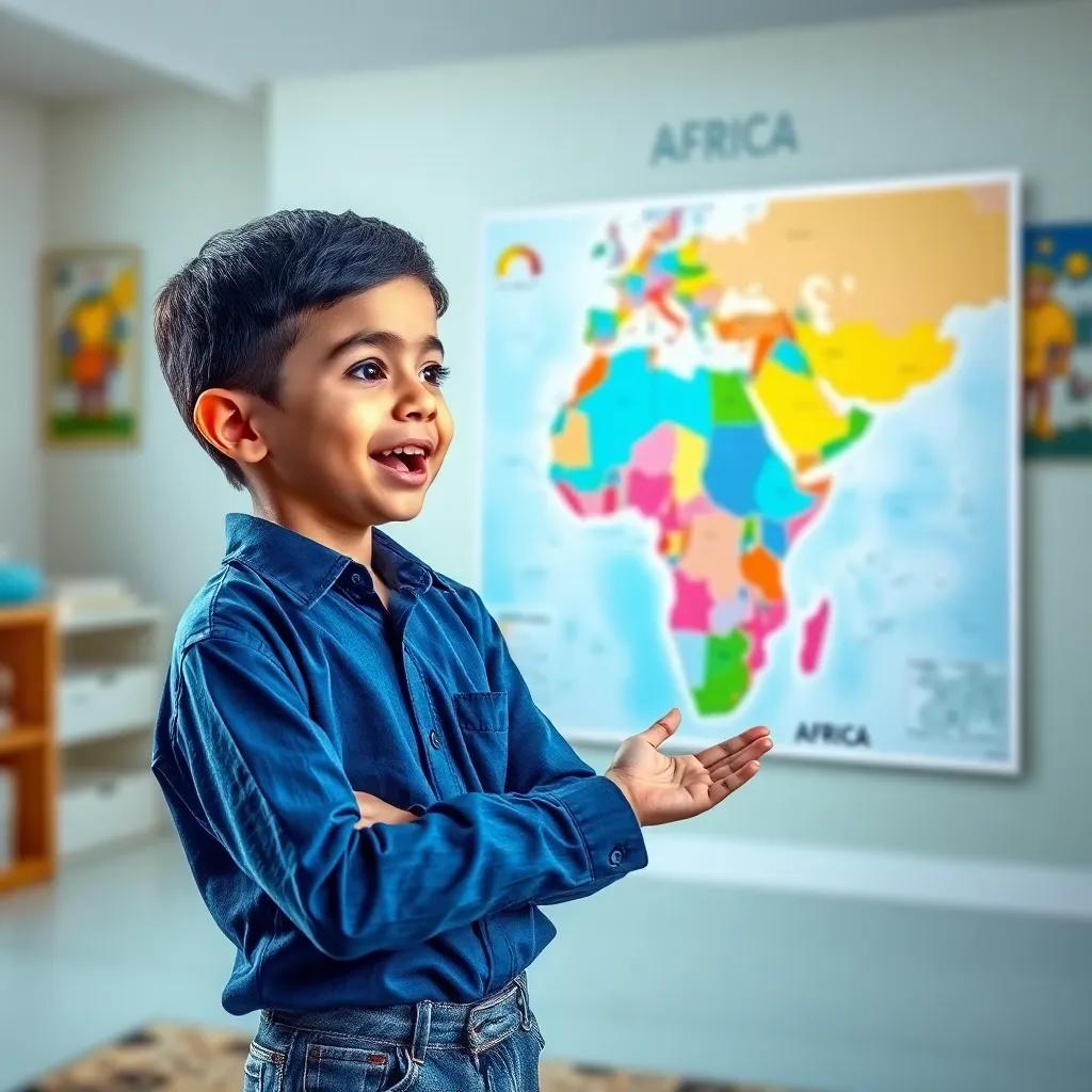 A young Arab boy, Ahmad, with short black hair, wearing a blue shirt and jeans, looking excitedly at a colorful map of Africa, inside a bright room, digital art, colorful, cheerful atmosphere, high quality