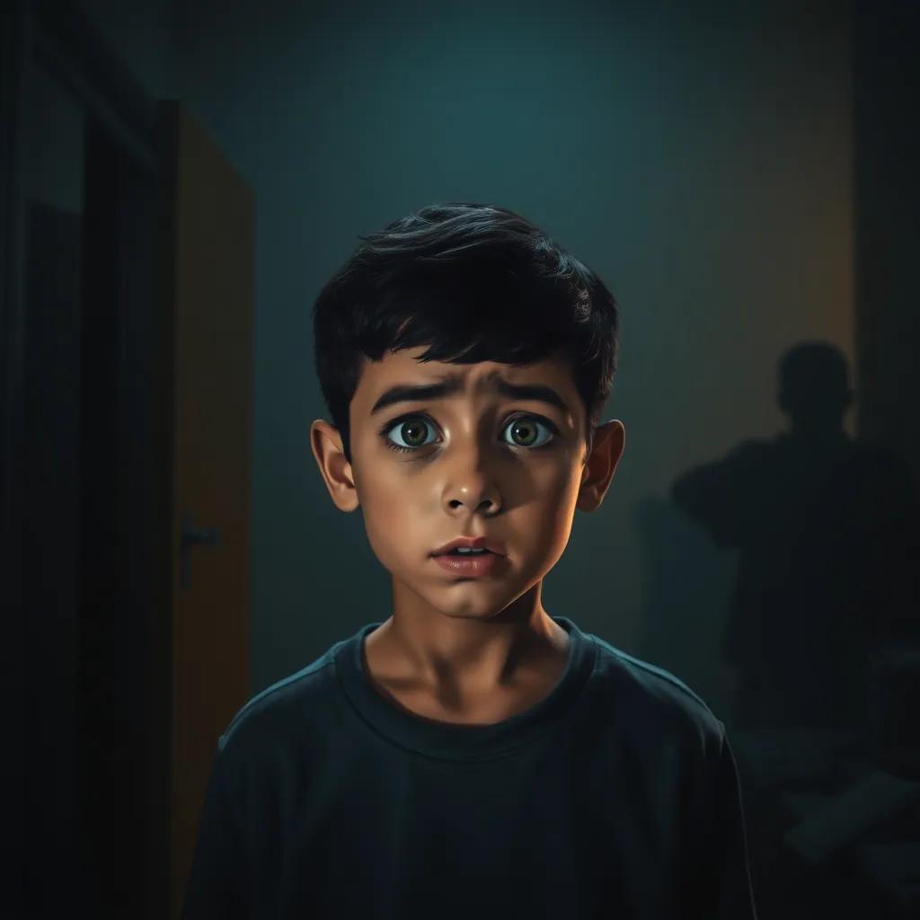 A young Arab boy, Ahmad, with short black hair, looking worried in a new apartment, darkened corners, with shadowy outlines suggesting something strange happening nearby, digital painting, dramatic light, tension-filled atmosphere, high quality