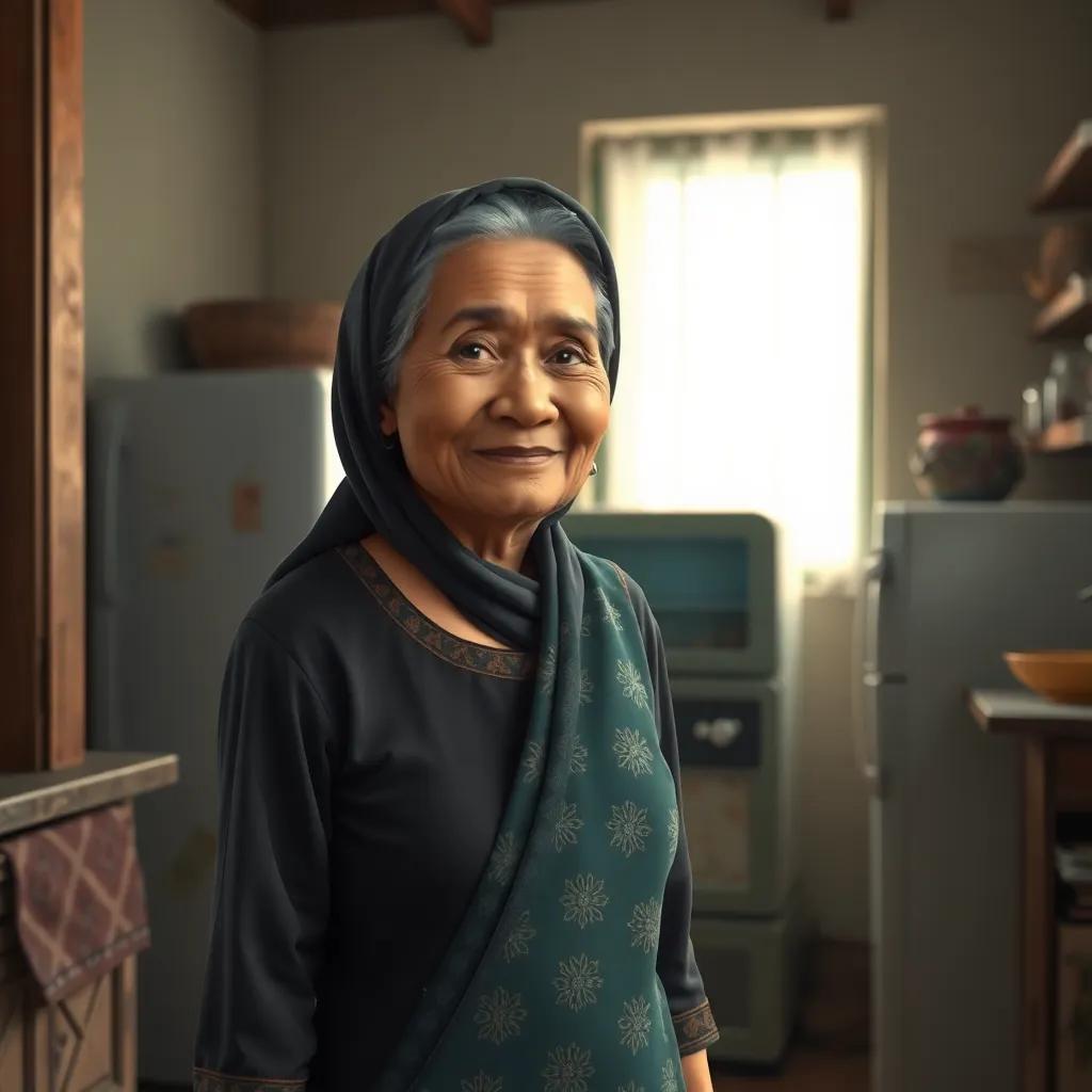 An elderly woman, Um Abdul Rahman, with a gentle smile and wearing a traditional dress, standing in her cozy kitchen with a broken old fridge in the corner, realistic, soft light, warm tones, detailed