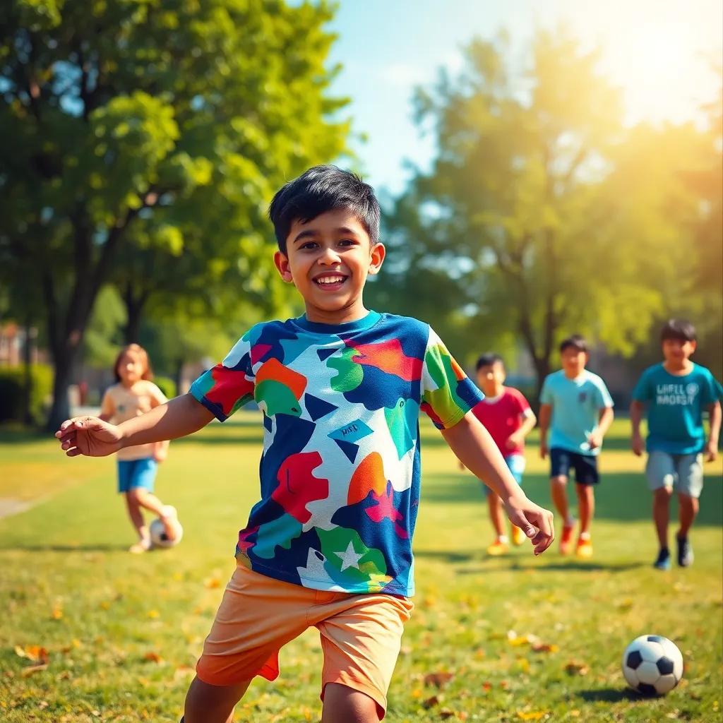 A young boy, Ahmed, with short dark hair, wearing a colorful t-shirt and shorts, playing soccer with his friends in a sunny park, vibrant colors, joyful atmosphere, high quality