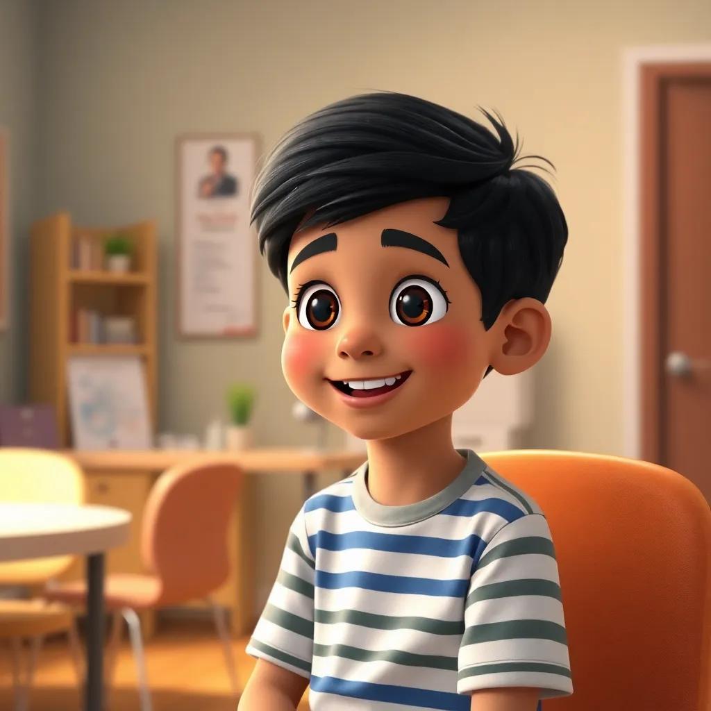 A curious young Arab boy, Ahmad, with short black hair wearing a striped t-shirt, sitting in a speech therapy clinic, looking excited and smiling, warm light, inviting atmosphere, detailed digital art, high quality