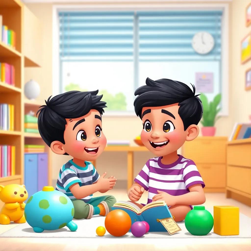Ahmad, a young Arab boy with short black hair in a striped t-shirt, engaging in a fun game with a speech therapist in the clinic, surrounded by colorful toys and books, cheerful, bright colors, friendly interaction, illustration, child-friendly, high quality