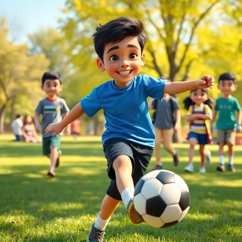 A young Arab boy, Ahmed, with short black hair, wearing a blue t-shirt and black shorts, kicking a soccer ball in the park with friends, bright sunny day, cheerful atmosphere, vibrant colors, happy faces, high quality