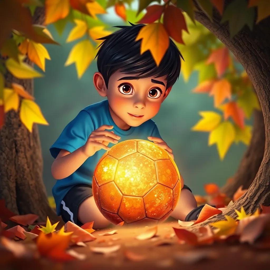 A young Arab boy, Ahmed, with short black hair, wearing a blue t-shirt and black shorts, discovering an old shimmering soccer ball under a tree, curiosity in his eyes, magic aura around the ball, colorful leaves, bright and warm lighting, enchanting scene, high detail