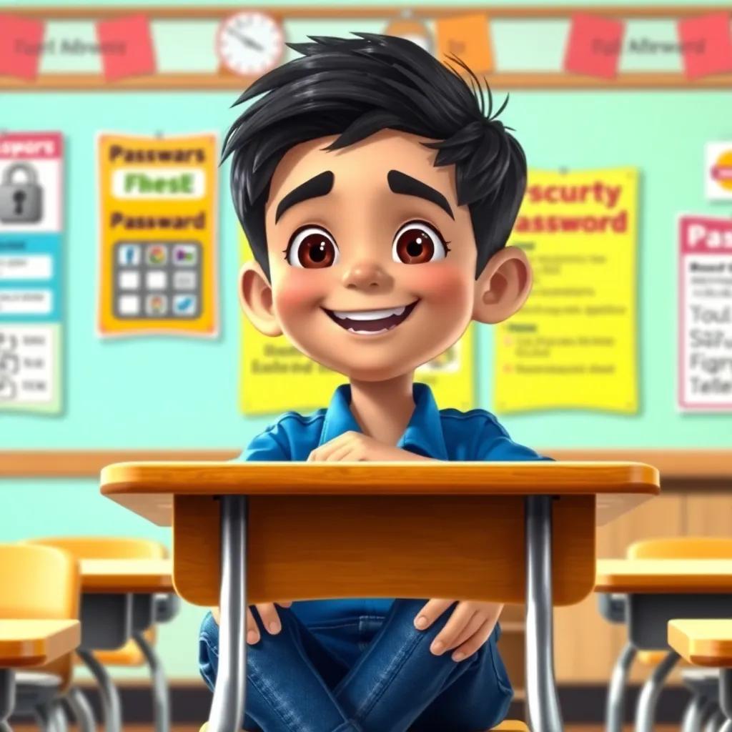 A young Arab boy, Ahmad, with short dark hair, wearing a blue shirt and jeans, sitting at a classroom desk with a joyful expression, surrounded by colorful posters about passwords, cheerful atmosphere, digital art, bright colors, inviting classroom, high quality