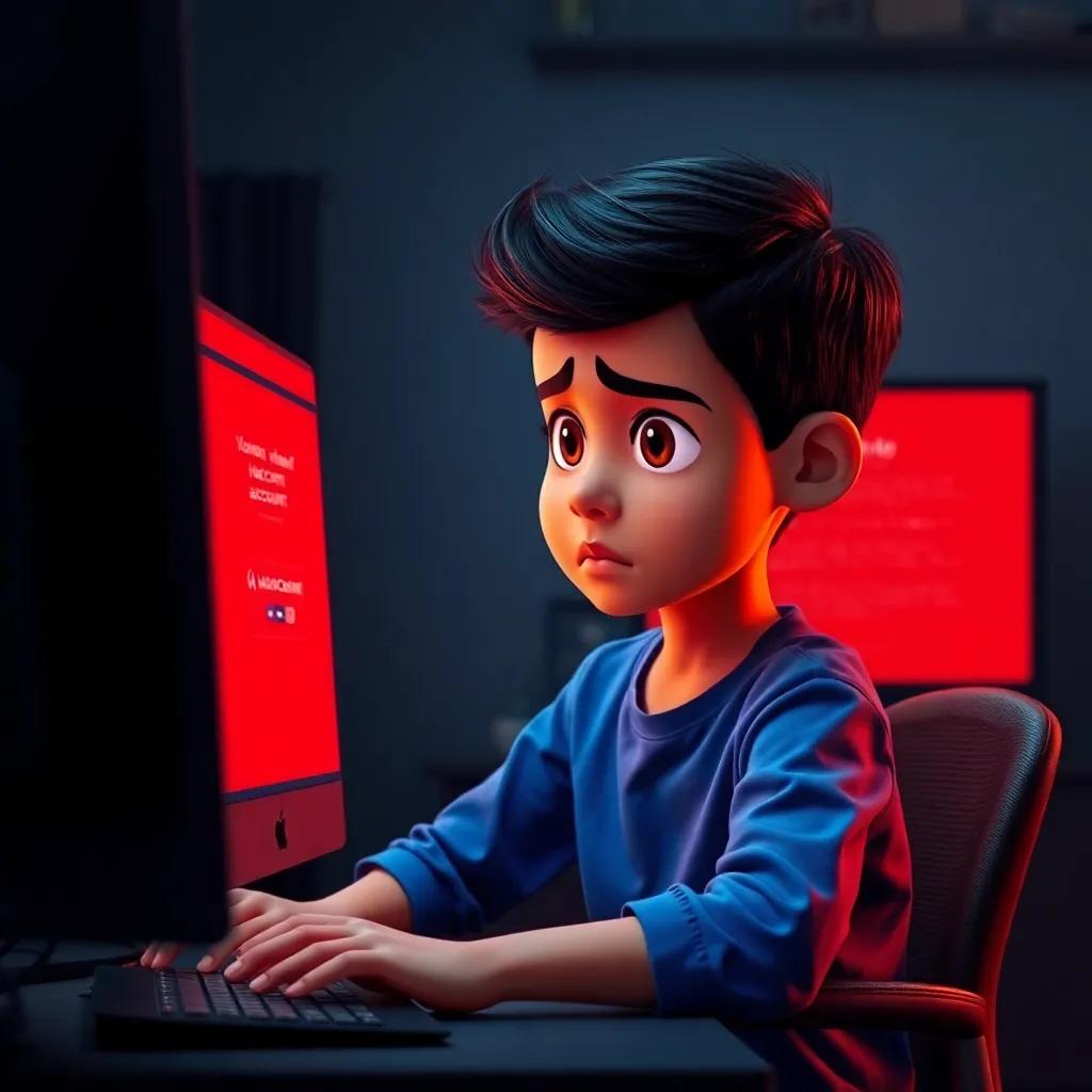 A young Arab boy, Ahmad, with short dark hair, wearing a blue shirt and jeans, looking at his computer with a worried face, a red warning message on the screen, indicating a hacked account, dramatic lighting, bold colors, storytelling view, high quality